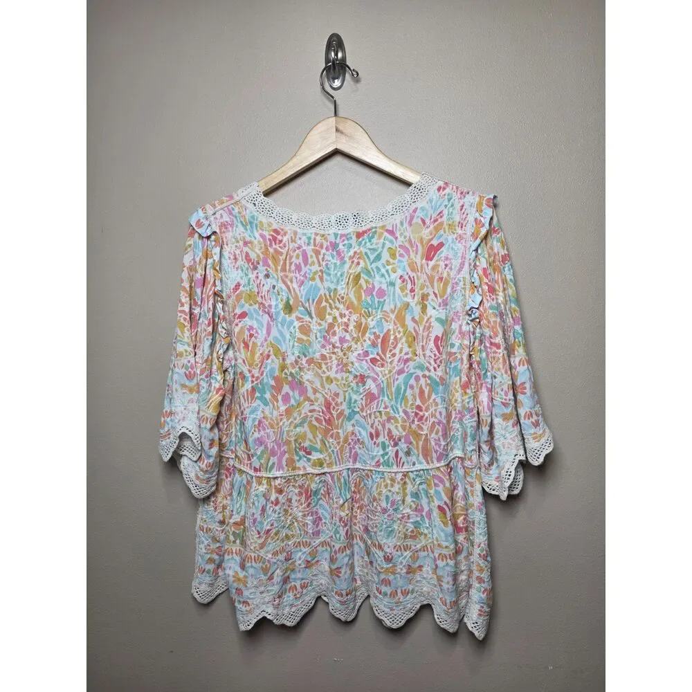 Democracy XL Boho Floral Embroidered Crochet Lace Peasant Blouse Cottagecore - Picture 3 of 8